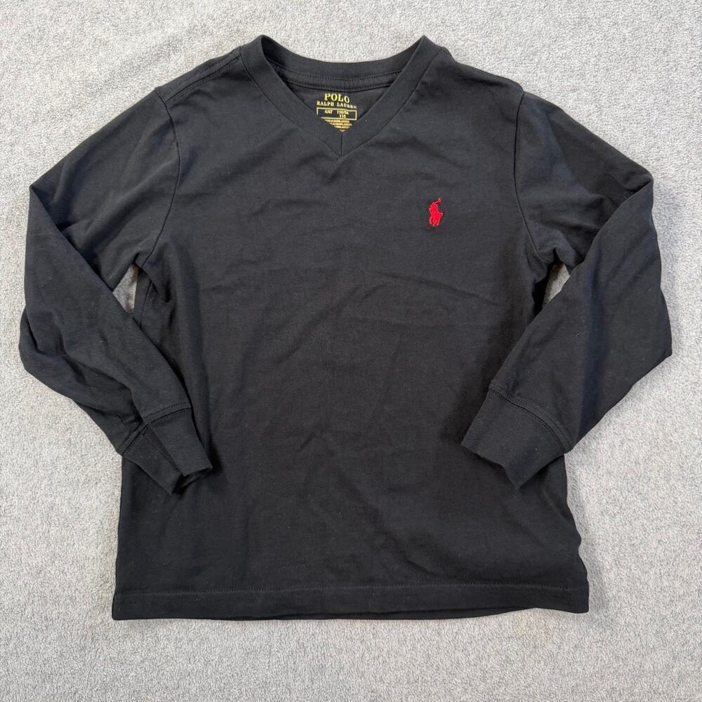 Polo Ralph Lauren Boys Size 4/4T Black V-Neck Long Sleeve T-Shirt Red Pony Logo